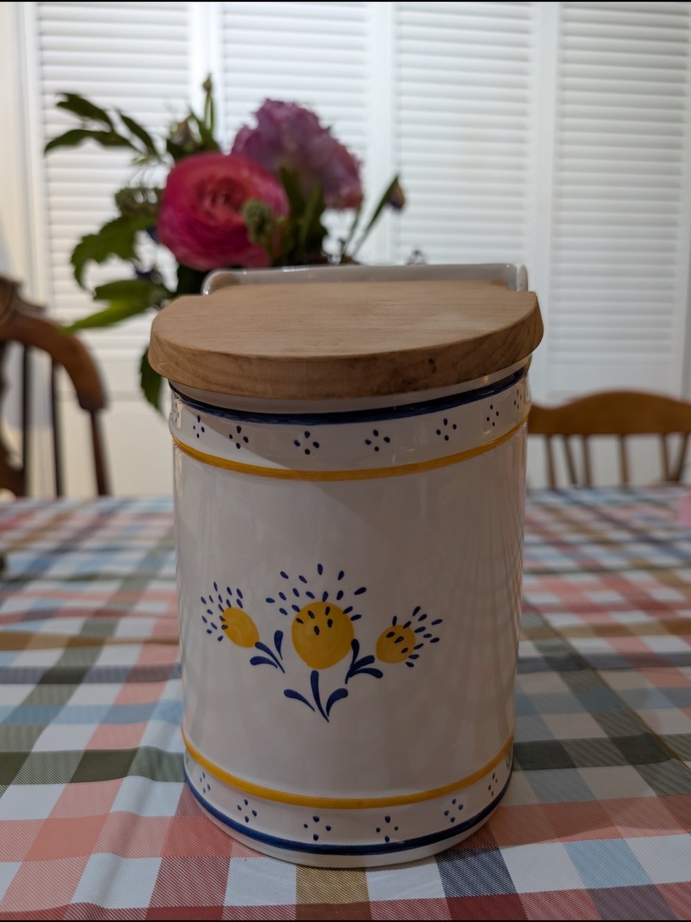 Ceramic Canister with Wood Lid - Yellow & Blue Floral